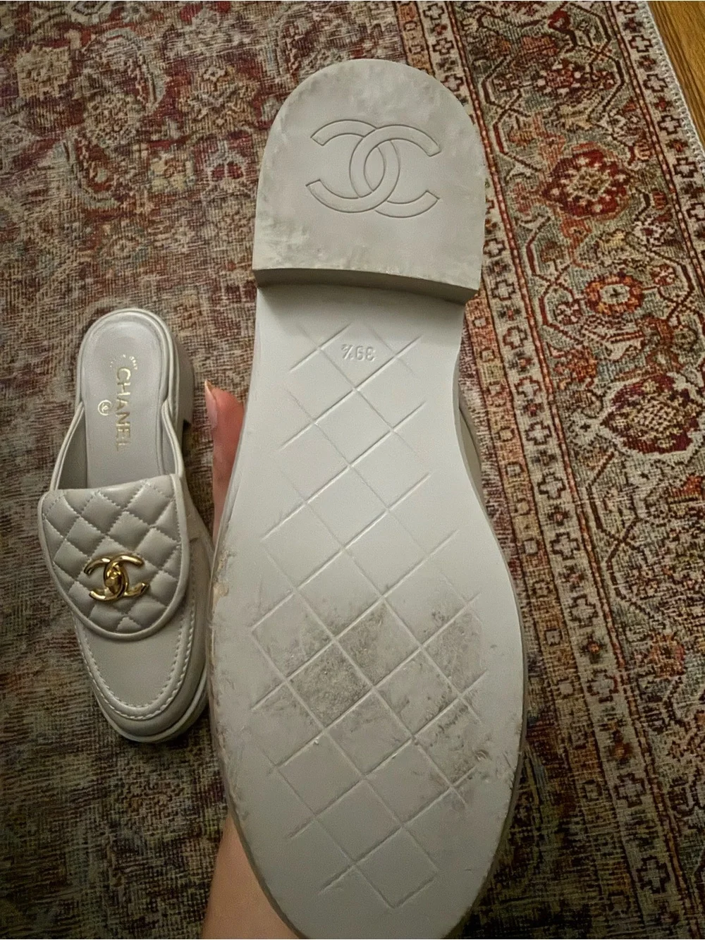 Chanel Quilted Leather Slide Mules in Light Gray with Gold CC